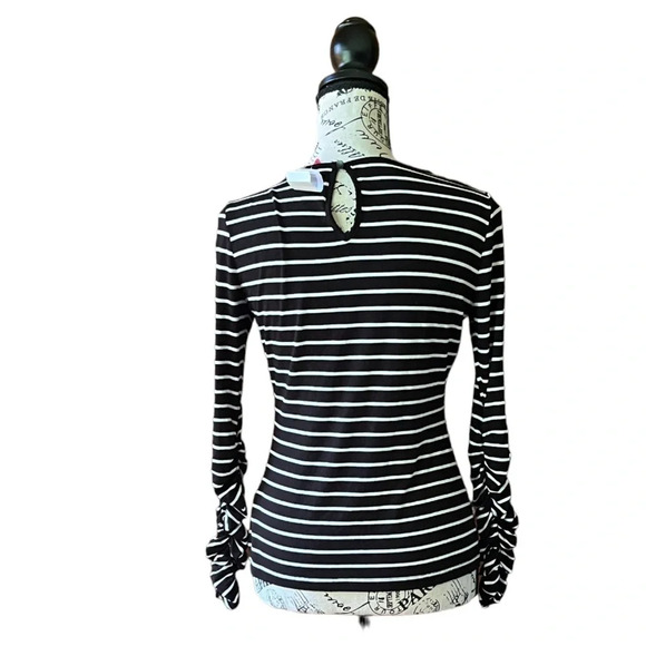Vince Camuto Black & White Striped Long Sleeve Ruched Top XS Nautical Preppy - Picture 5 of 9